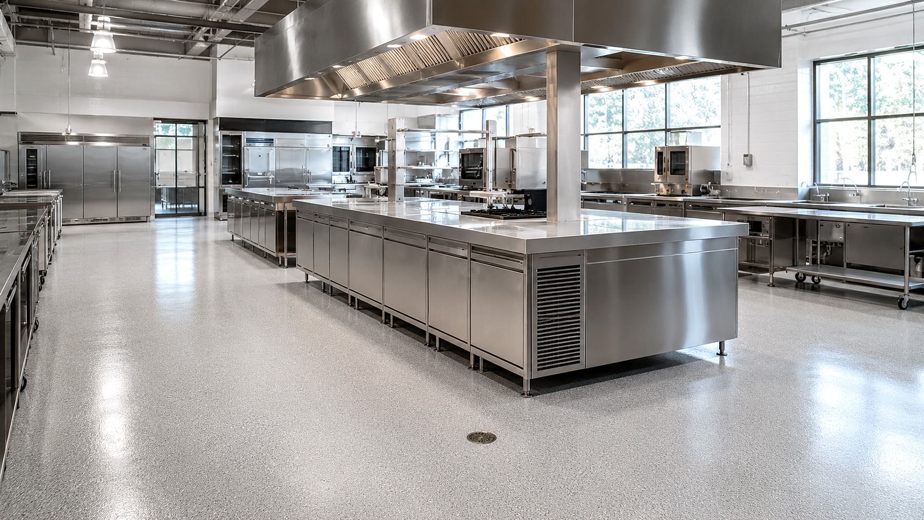 Cuisine centrale professionnelle avec îlot inox et sol résine