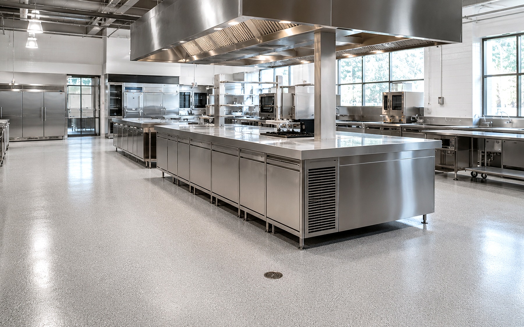 Cuisine professionnelle avec îlot central et sol résine BC Kitchen